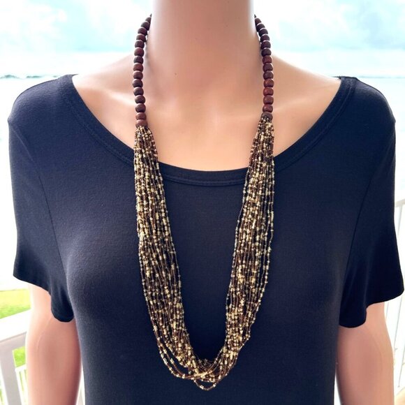 Boho Style Beaded Necklace Chunky Multi Strand Brown Cream - Picture 2 of 5